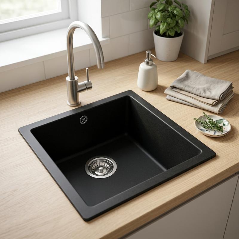 GraniteMy Universal granieten zwarte spoelbak 34x40 cm zwart opbouw onderbouw en vlakinbouw met rvs plug 1208967106